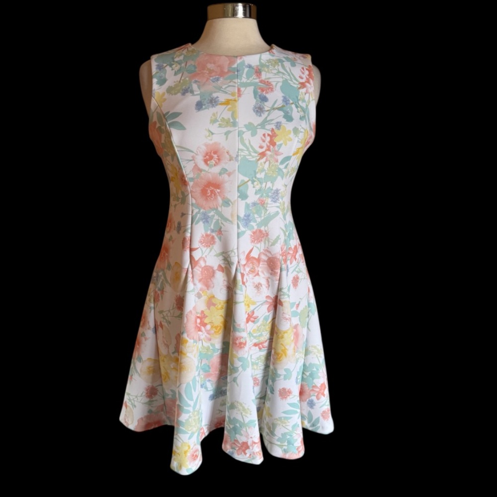 Calvin Klein Pastel Floral Scuba A-Line Dress Petite 10P Sleeveless - Picture 2 of 10